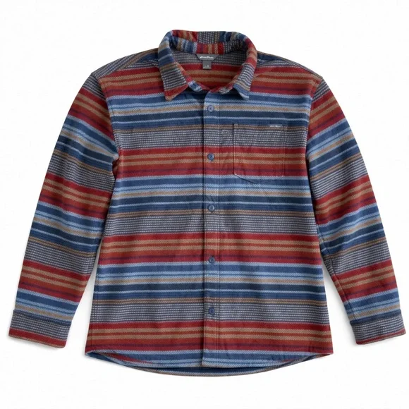 Eddie Bauer Fleece Button Down Shirt Jacket Outdoor Cozy Striped Blue Red Tan XL - Picture 1 of 8